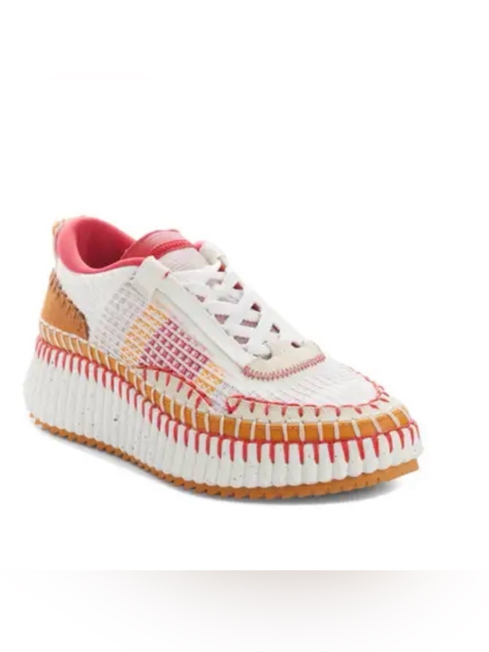Chloe Woven Platform Sneaker in White and Tan with Pink Accents - Picture 2 of 2